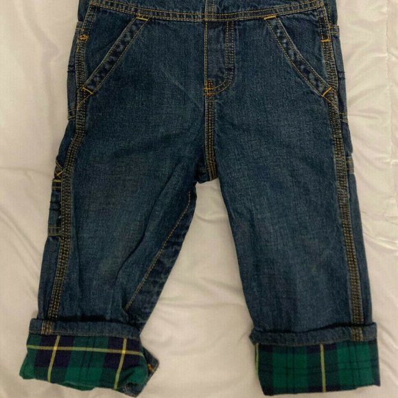 OshKosh 18M Blue Jean Denim Green Plaid Check Lined Cuff Overalls - Picture 2 of 7
